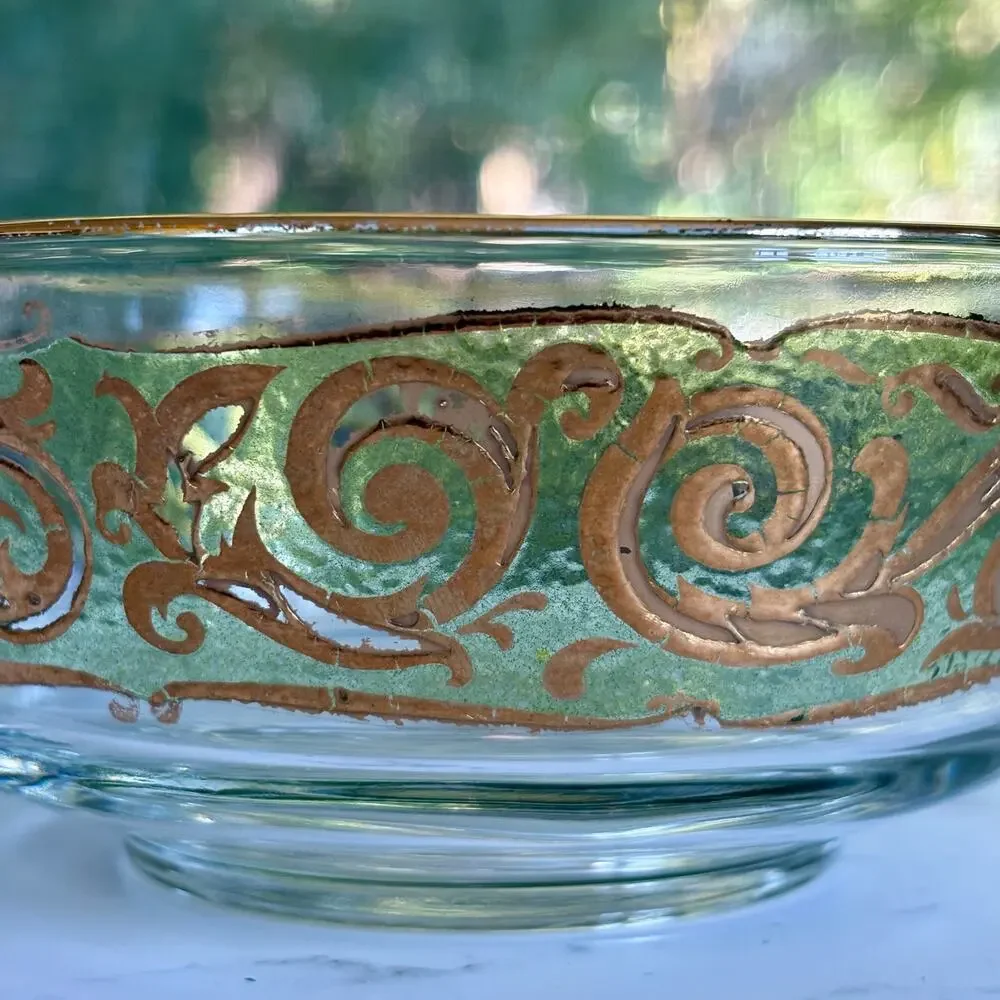 MCM Culver Glass Bowl 22K Gold Scroll Green Band Vintage Dish